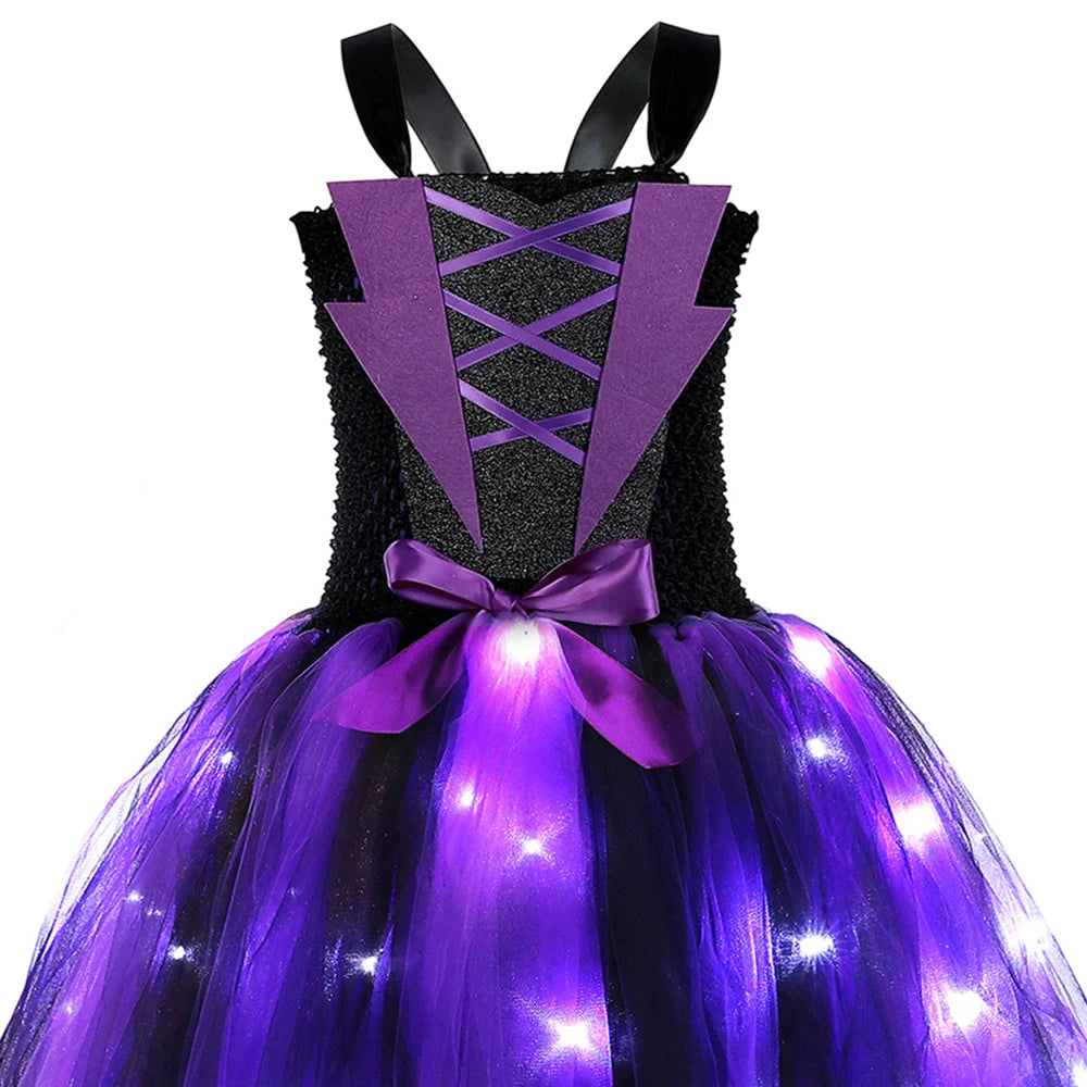 Halloween Wicked Witch Costume for Girls Purple Black LED Light Up Tulle Tutu Dress