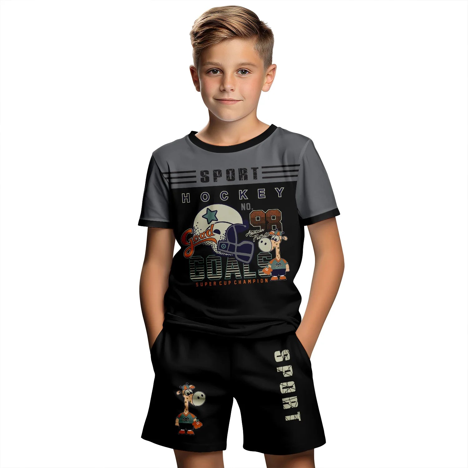 3d cartoon print short sleeve t-shirt suit shorts