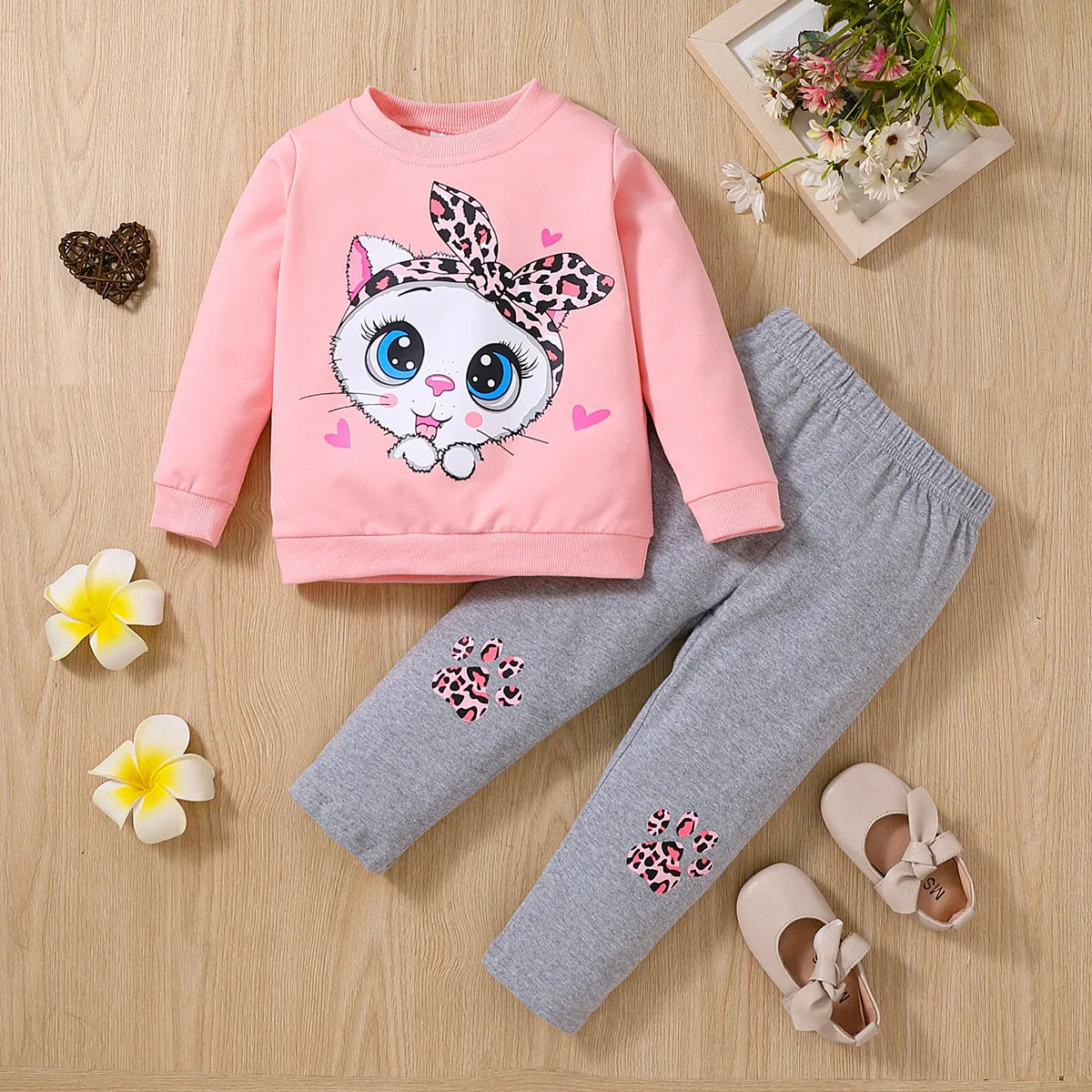 Cat print blouse + trousers soft girls casual cartoon suit cotton kids clothing