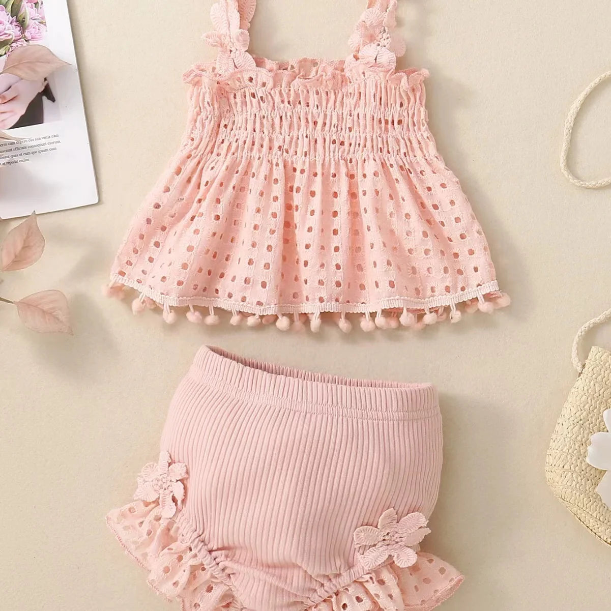 2PCS Baby Girl Summer Flower Sling Harness Set Triangle Crawling Suit