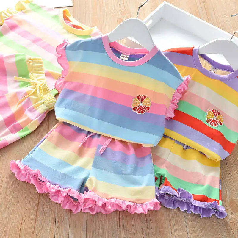 Children's rainbow short sleeve top and striped printed shorts set | See:Saw Kids