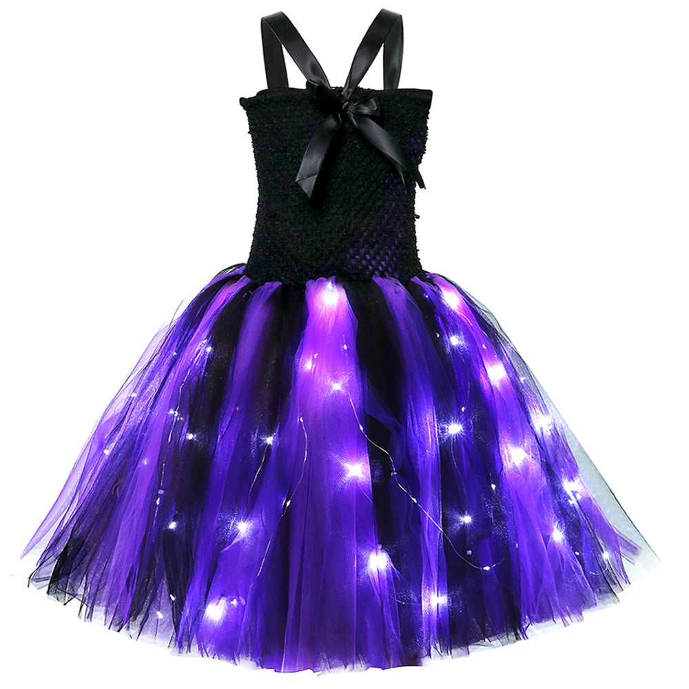 Halloween Wicked Witch Costume for Girls Purple Black LED Light Up Tulle Tutu Dress