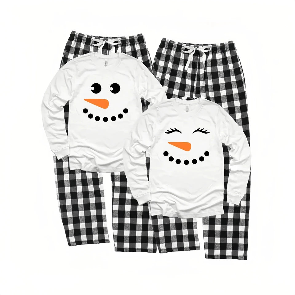 Matching Christmas Pajamas for Family - 2-Piece Cotton Snowman Tops & Plaid Pants Set for Moms, Kids & Couples