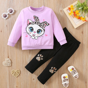 Cat print blouse + trousers soft girls casual cartoon suit cotton kids clothing
