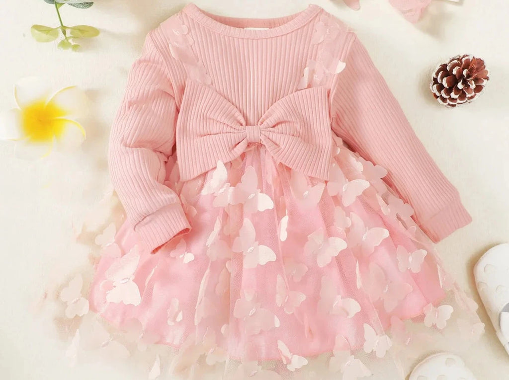 Elegant round neck bow long sleeve dress with headband | See:Saw Kids