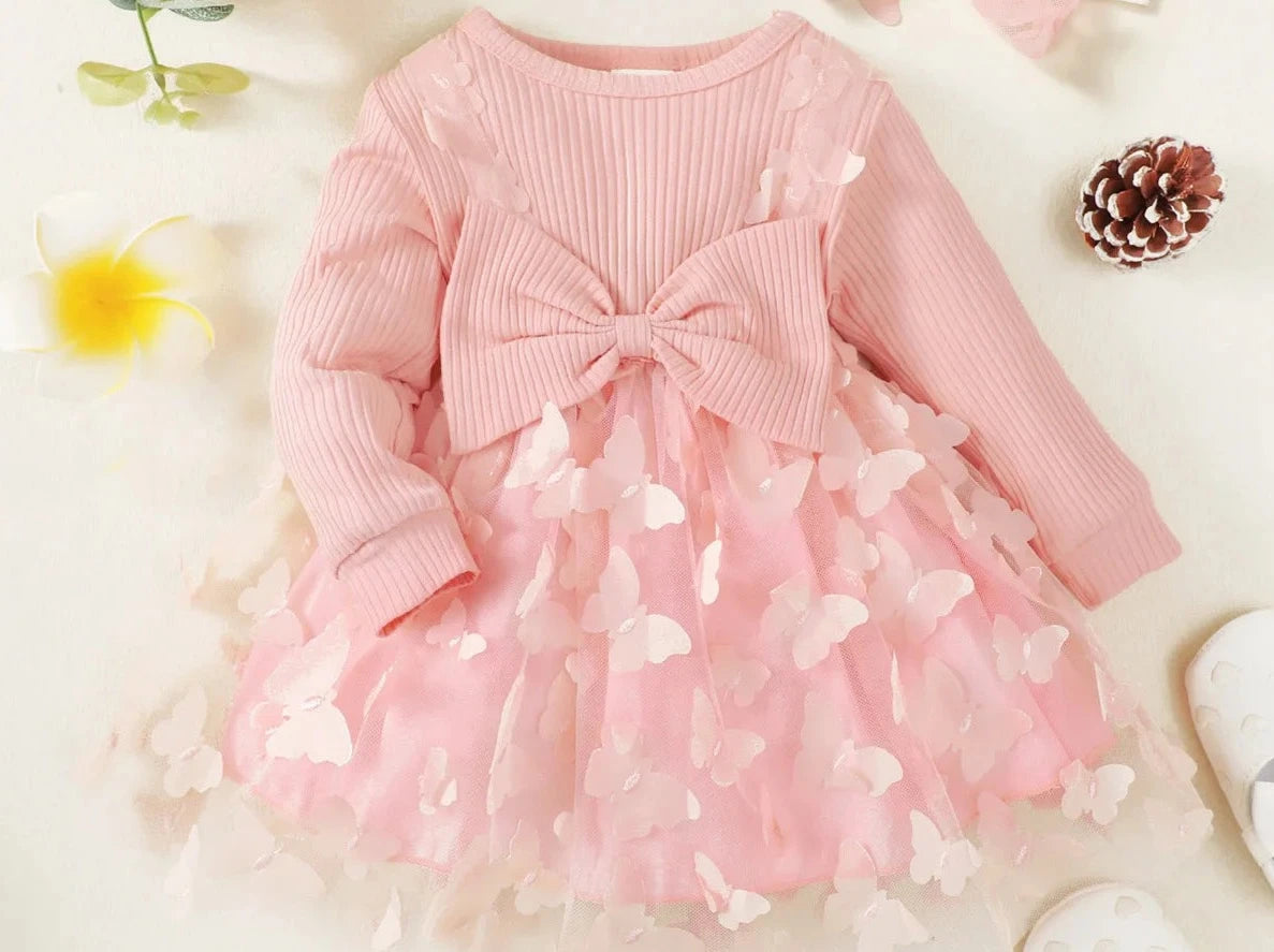 Elegant round neck bow long sleeve dress with headband | See:Saw Kids