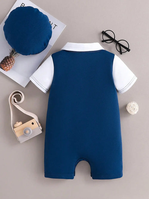 3-Piece Newborn Comfort Lapel Short Sleeve Shorts Patchwork Jumpsuit + Hat Suit