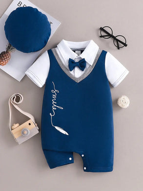 3-Piece Newborn Comfort Lapel Short Sleeve Shorts Patchwork Jumpsuit + Hat Suit