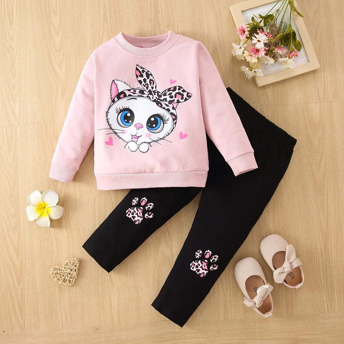 Cat print blouse + trousers soft girls casual cartoon suit cotton kids clothing
