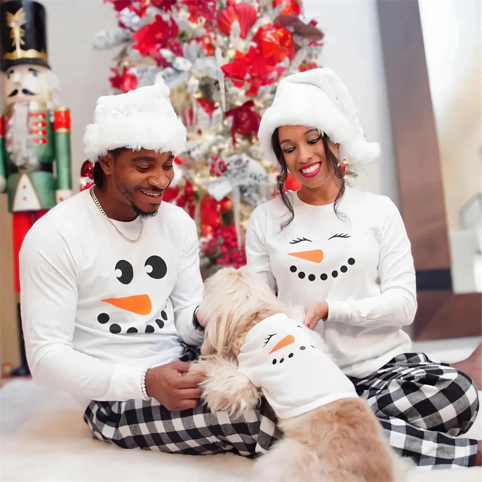 Matching Christmas Pajamas for Family - 2-Piece Cotton Snowman Tops & Plaid Pants Set for Moms, Kids & Couples