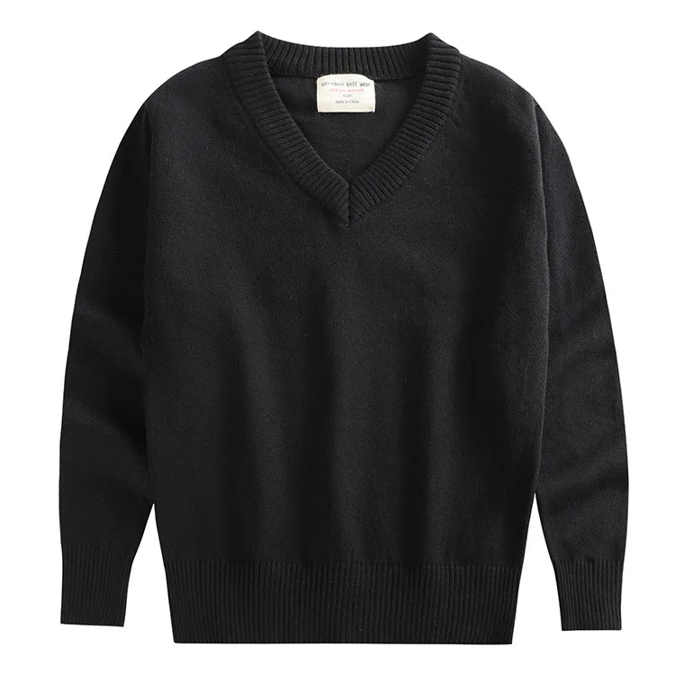 Children V-neck Solid Knit Sweater Boys Girls Warm Long Slee