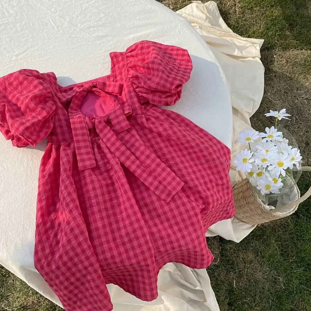Rose Pink Plaid Bow Party Dress