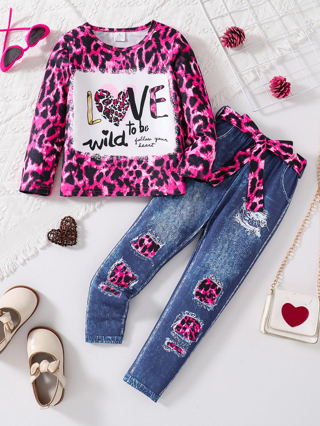 2-Piece Spring and Autumn Girls Set Pink Leopard Print Knit