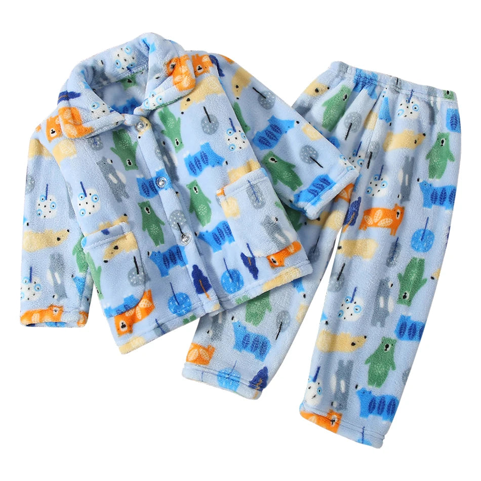 Cute Cartoon Pattern Coral Fleece Flannel Pajama Sets for Bo