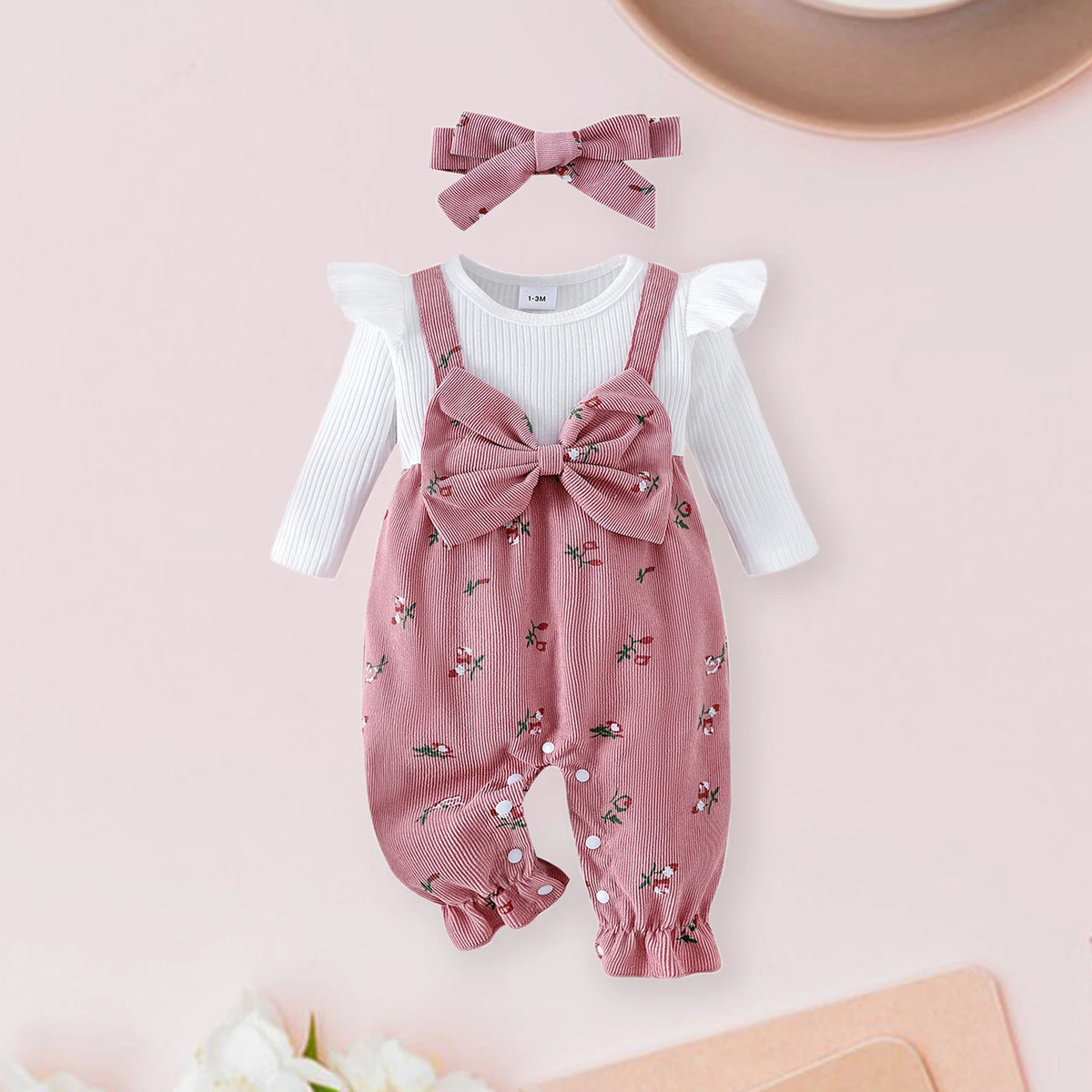 Floral Long Sleeve Baby Romper with Bow Headband