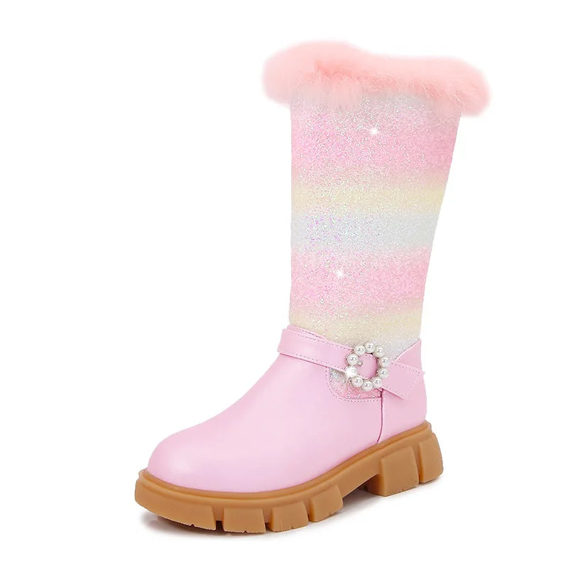 2023 Autumn Winter Girls Rainbow Princess Children Pink Boot
