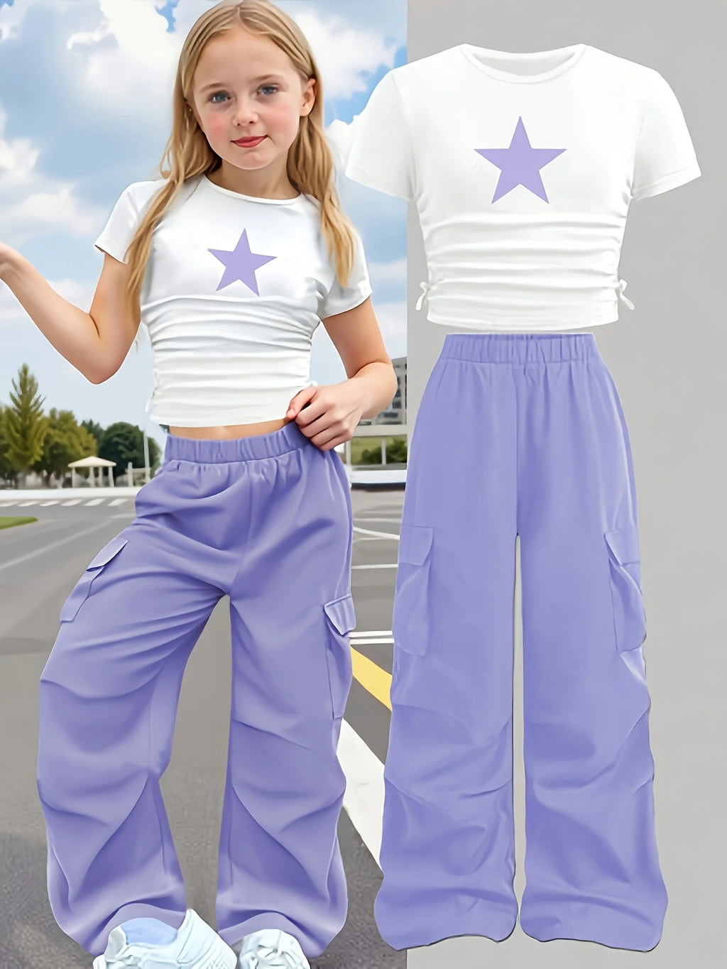Summer 2-Piece Set: Star-Print Slim-Fit Crew-Neck Short-Slee