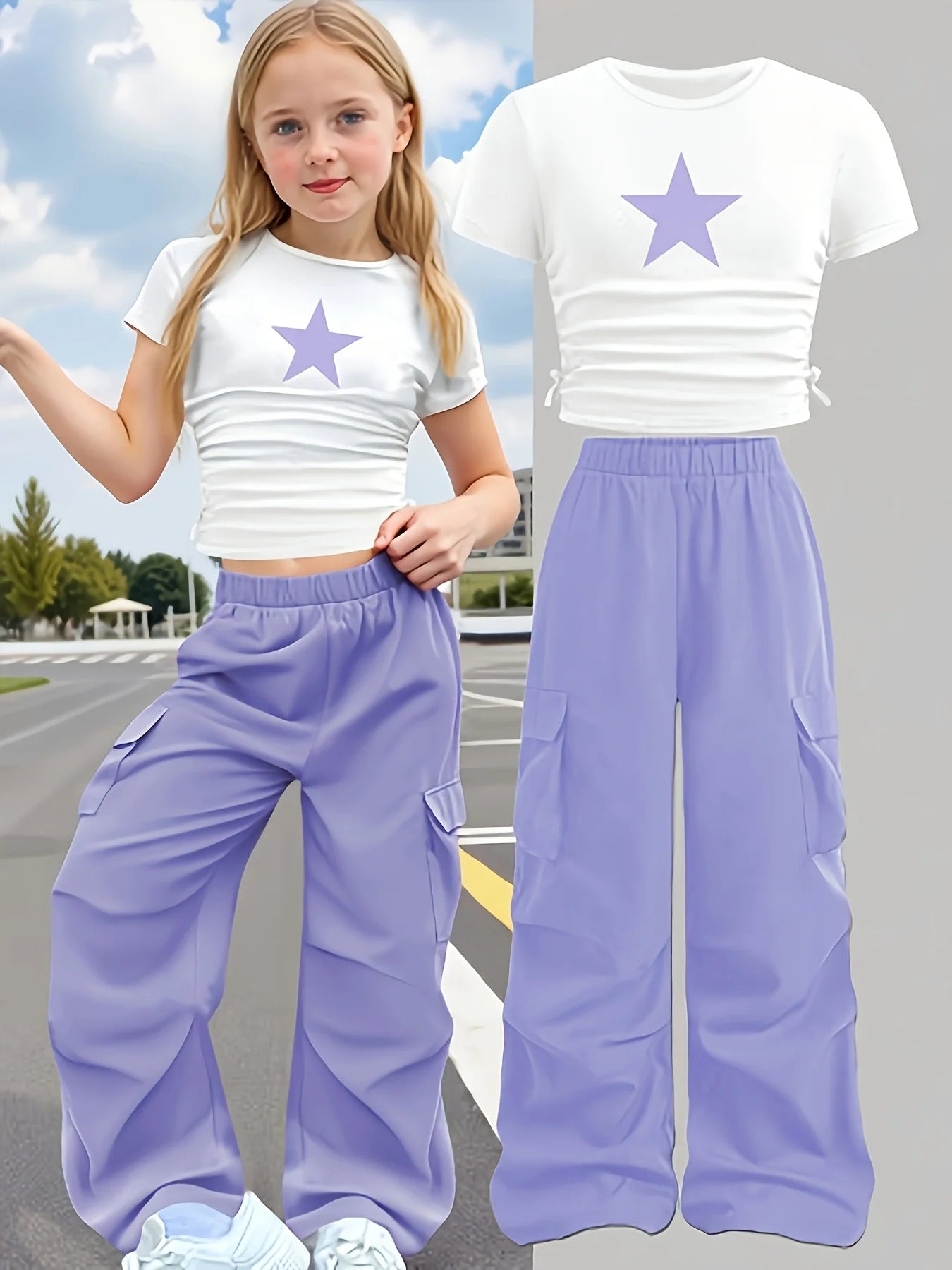 Summer 2-Piece Set: Star-Print Slim-Fit Crew-Neck Short-Slee