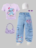 2Pcs Girls' Spring/Summer Outfit: Cute Cartoon Rabbit Print