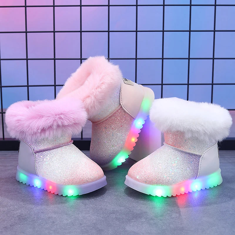 Mgo Kidss Autumn and Winter Girls' Snow Boots, Light-Up Shoe