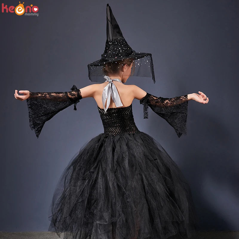Girls Gothic Halloween Ghost Witch Costume Flare Sleeve Kids