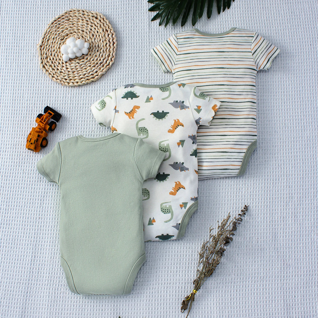 Dino Stripe Three-Piece Baby Romper Set