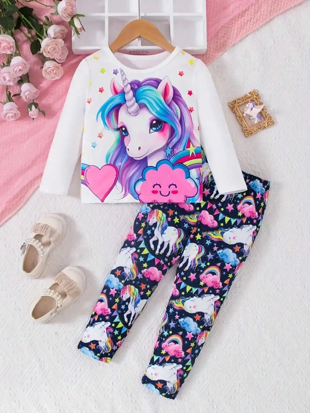 Children's Clothing Set with Round Neck Unicorn Print Long S