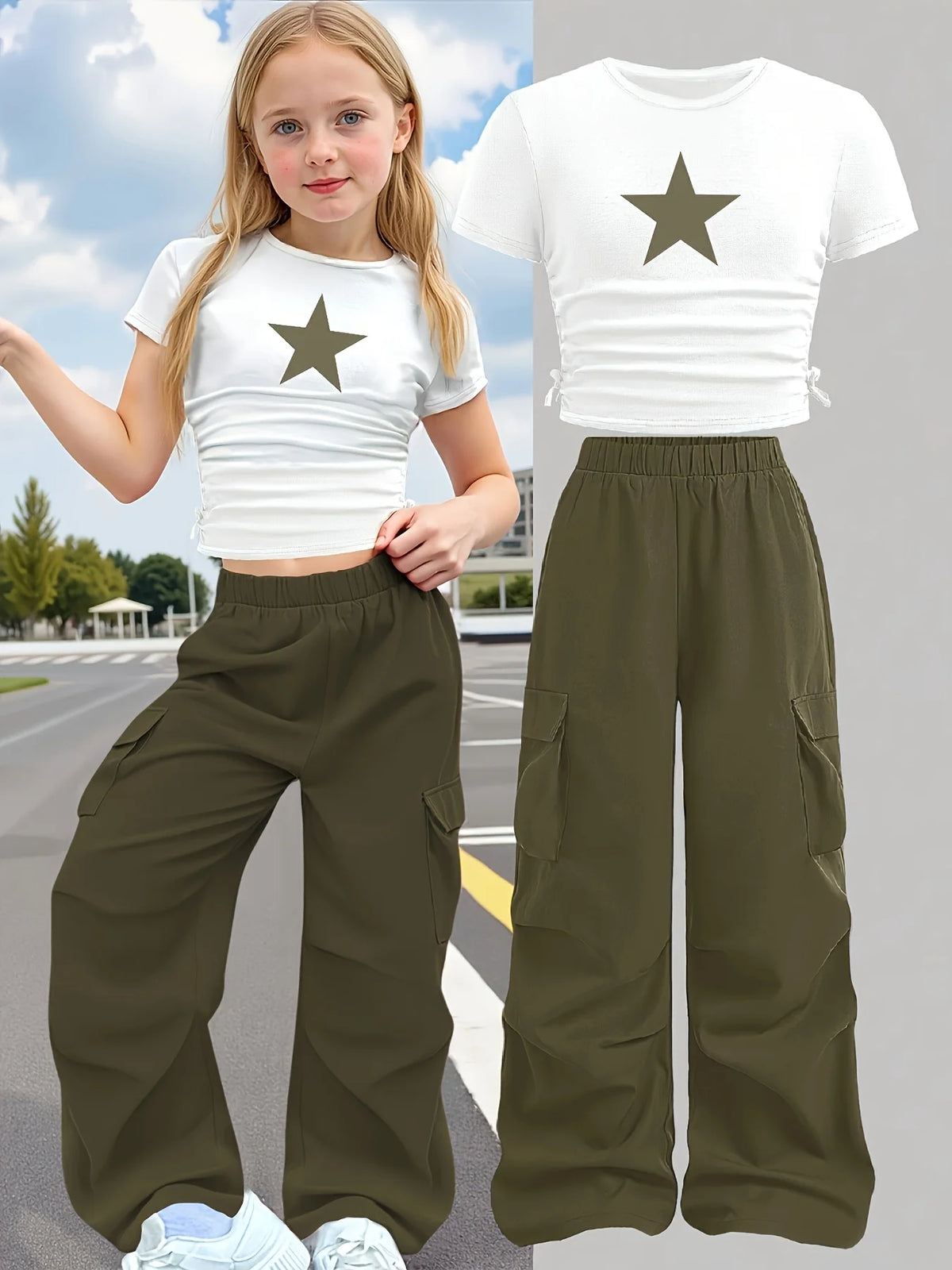 Summer 2-Piece Set: Star-Print Slim-Fit Crew-Neck Short-Slee