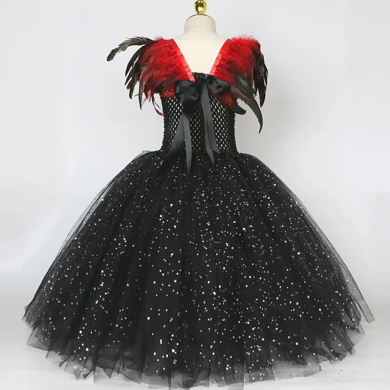 Kids' Long Sequin Tulle Dress Set in Red and Black,Queen Dre