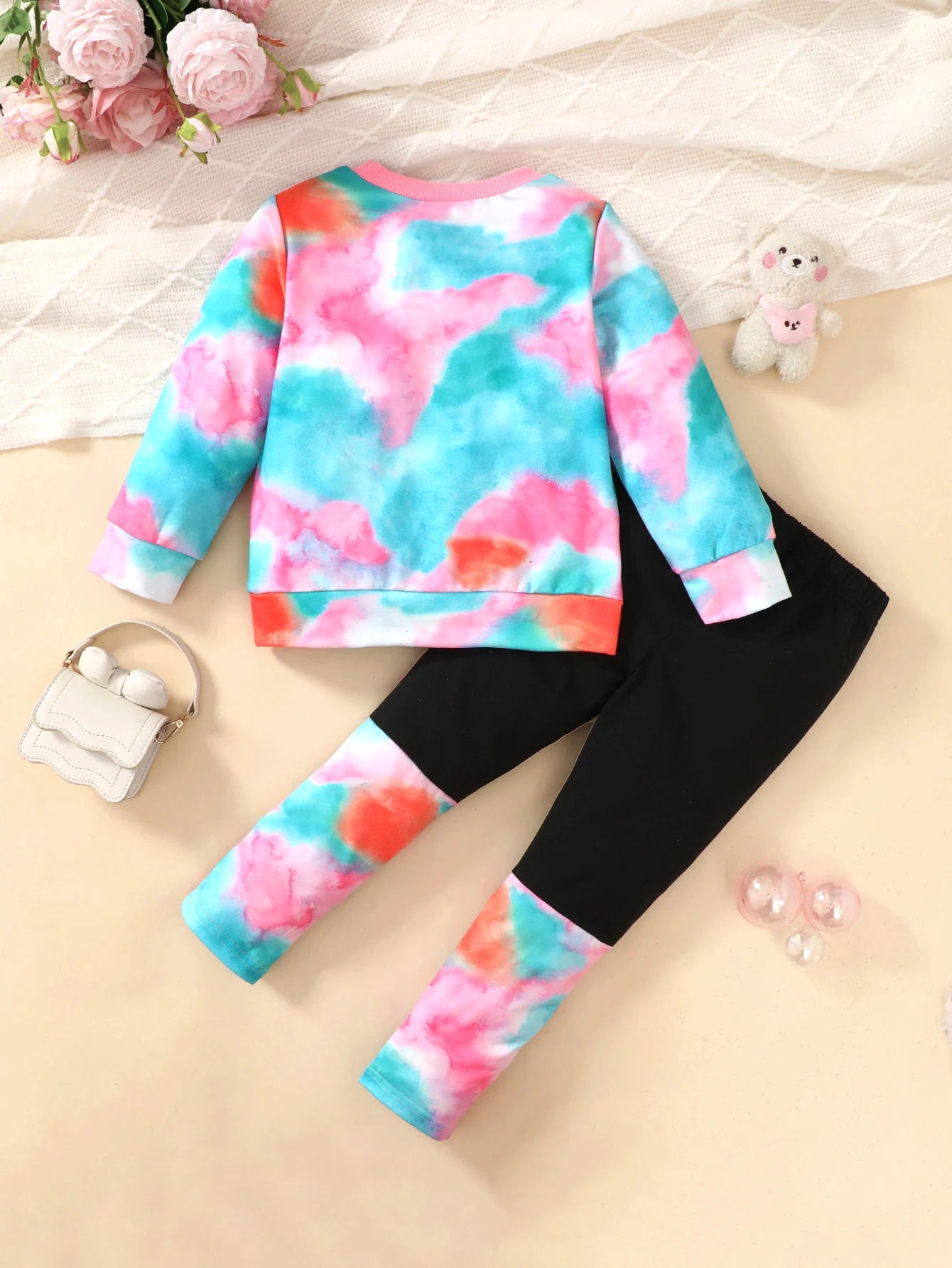 4-7 Year Girls' Set Round Neck Cartoon Cute Kitten tie-dye L