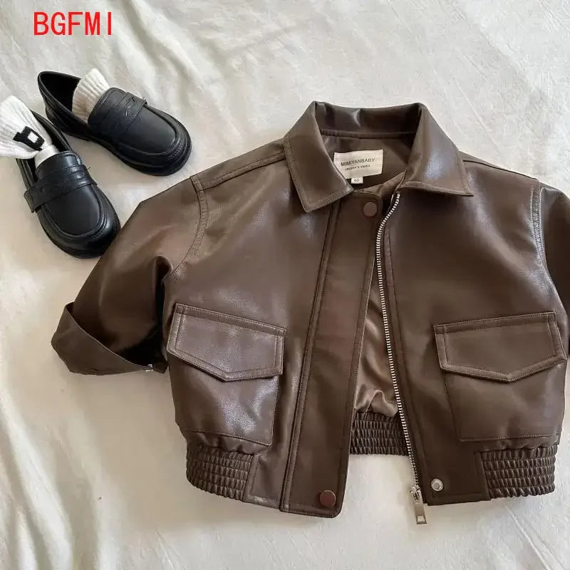 2-10Y Baby Boys Girls Zipper Jackets Brown PU Leather Lapel