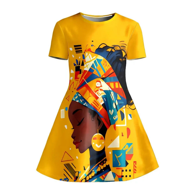 Girl's African Art Printed T-shirt Dress, Yellow Ethnic Styl