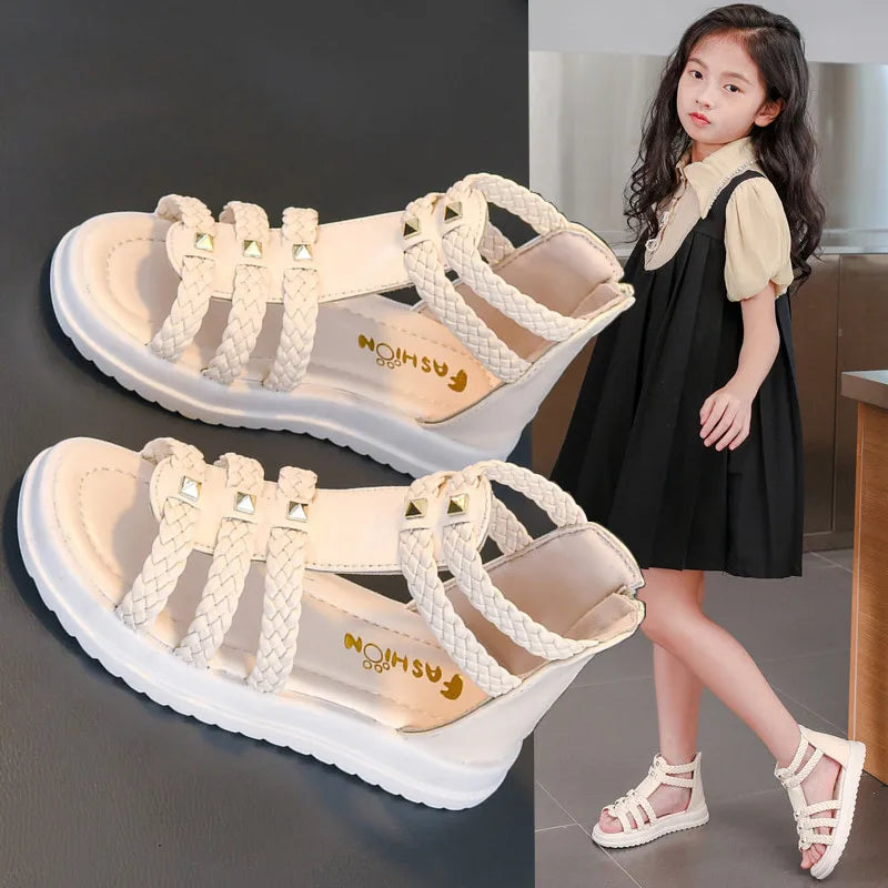 Girls Roman Sandals Open Toe Braided Solid Color High-top Si