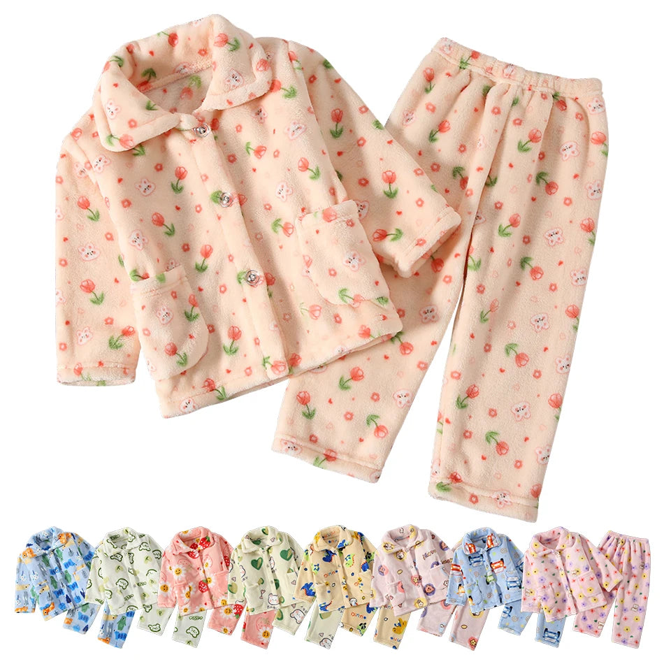 Cute Cartoon Pattern Coral Fleece Flannel Pajama Sets for Bo