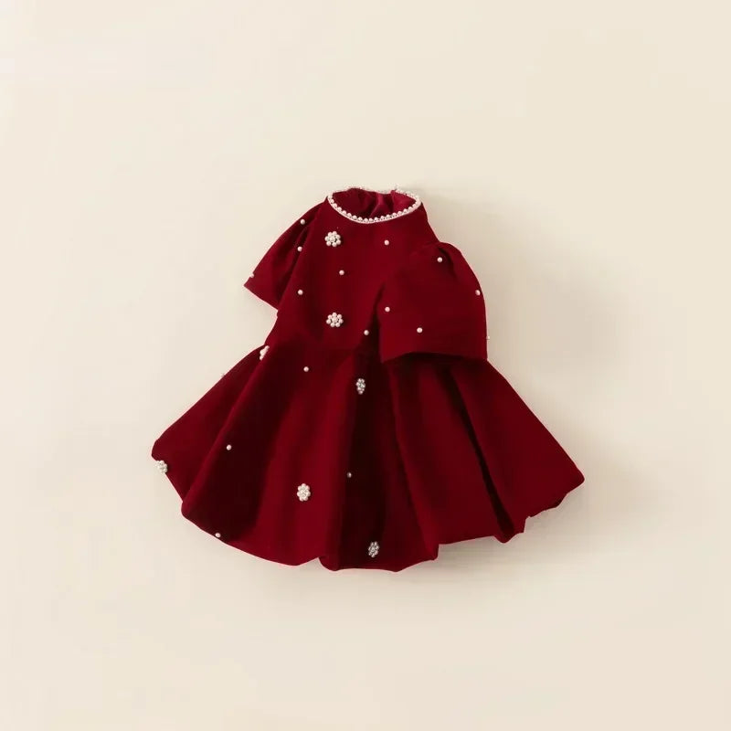 Autumn Winter Kids Girl Dress Beading Round Collar Puff Shor