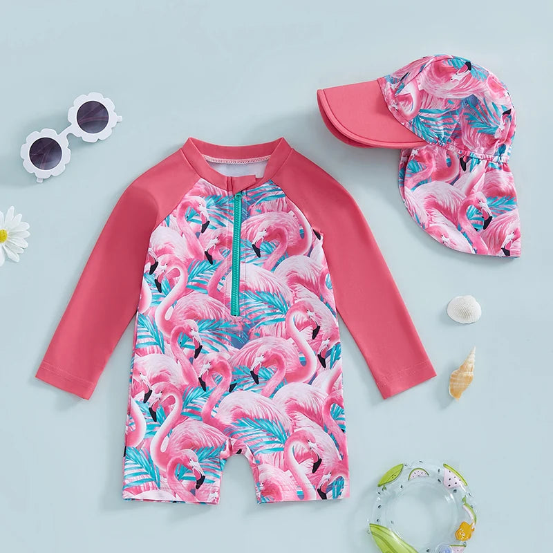 Tregren Toddler Girl Long Sleeve Swimsuit Floral/Flamingo Pr