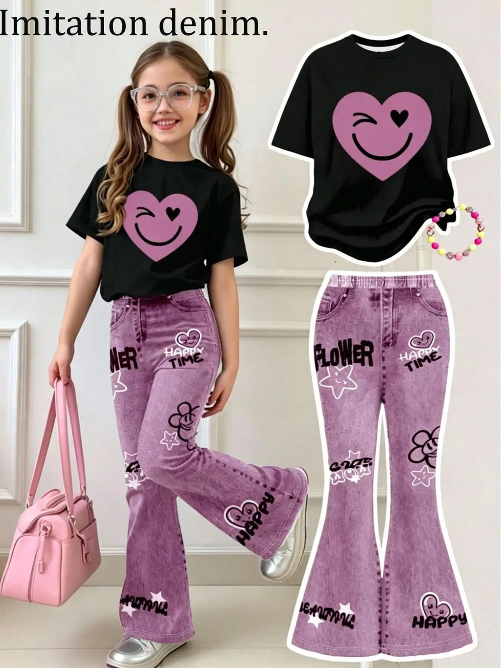 Girls' Summer Casual Outfit: Black Short-Sleeve Top with Smi