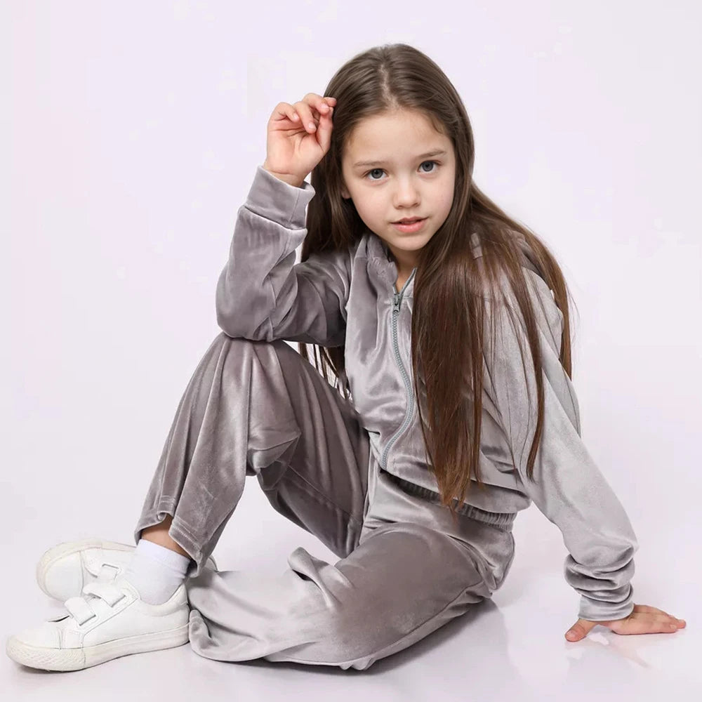1-14Y Children Girls Velvet Tracksuits Kids Winter Autumn Th