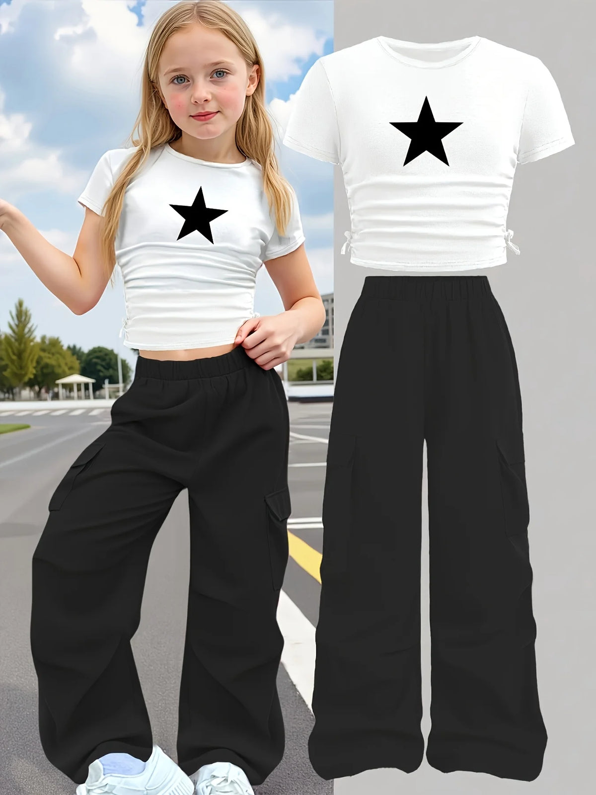 Summer 2-Piece Set: Star-Print Slim-Fit Crew-Neck Short-Slee