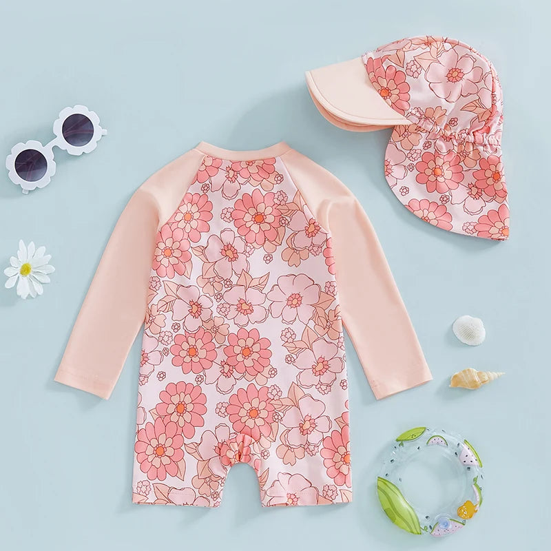 Tregren Toddler Girl Long Sleeve Swimsuit Floral/Flamingo Pr