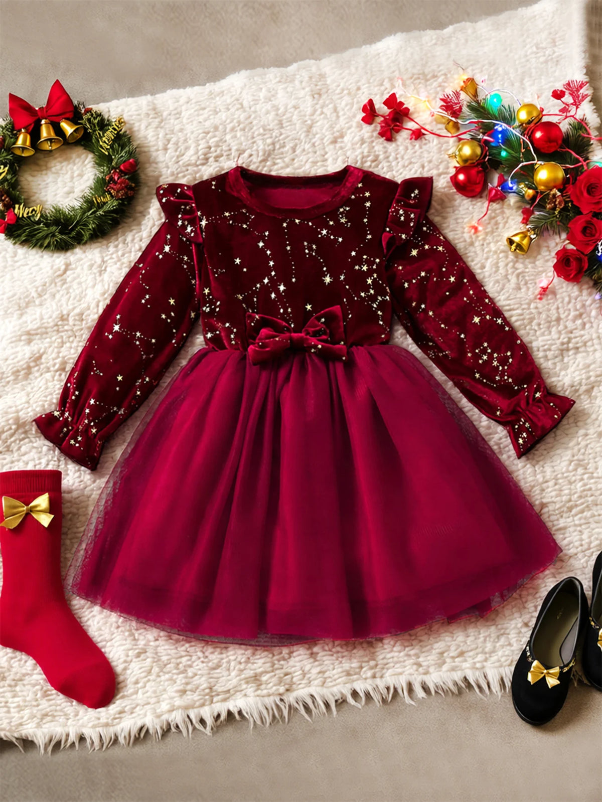 Girl Dress Autumn Winter Velvet Long Sleeved Mesh Bow Prince