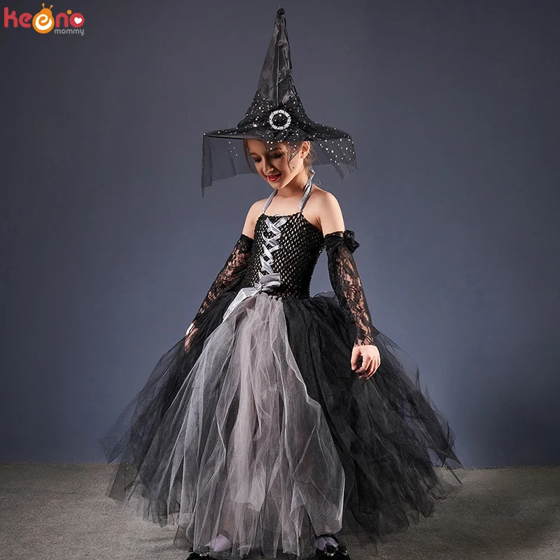 Girls Gothic Halloween Ghost Witch Costume Flare Sleeve Kids