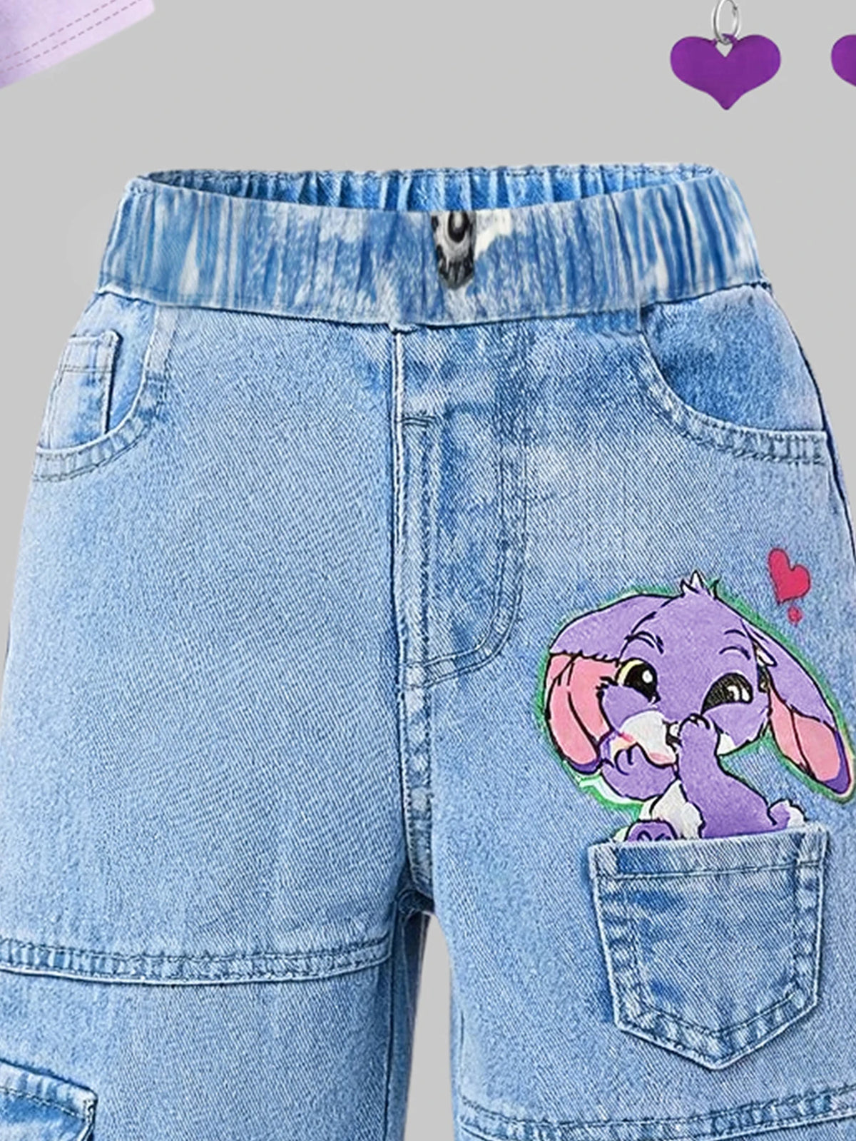 2Pcs Girls' Spring/Summer Outfit: Cute Cartoon Rabbit Print