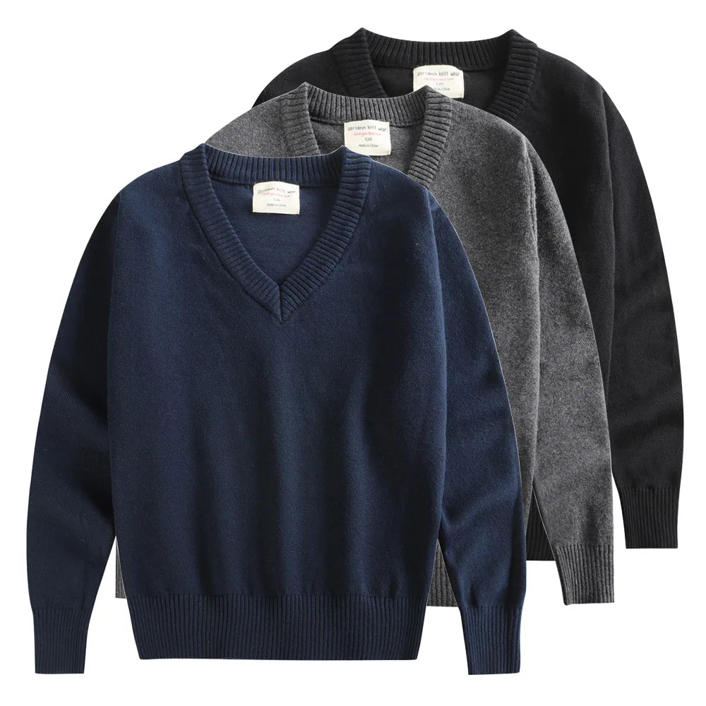 Children V-neck Solid Knit Sweater Boys Girls Warm Long Slee