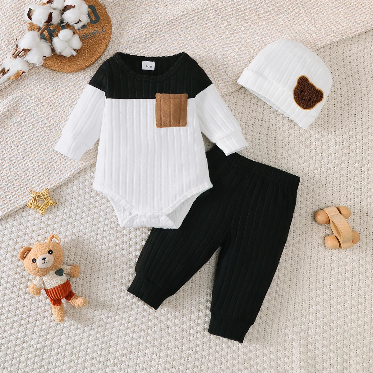 3Pcs/Set of Newborn Baby Boy Color Blocked Long Sleeved Body