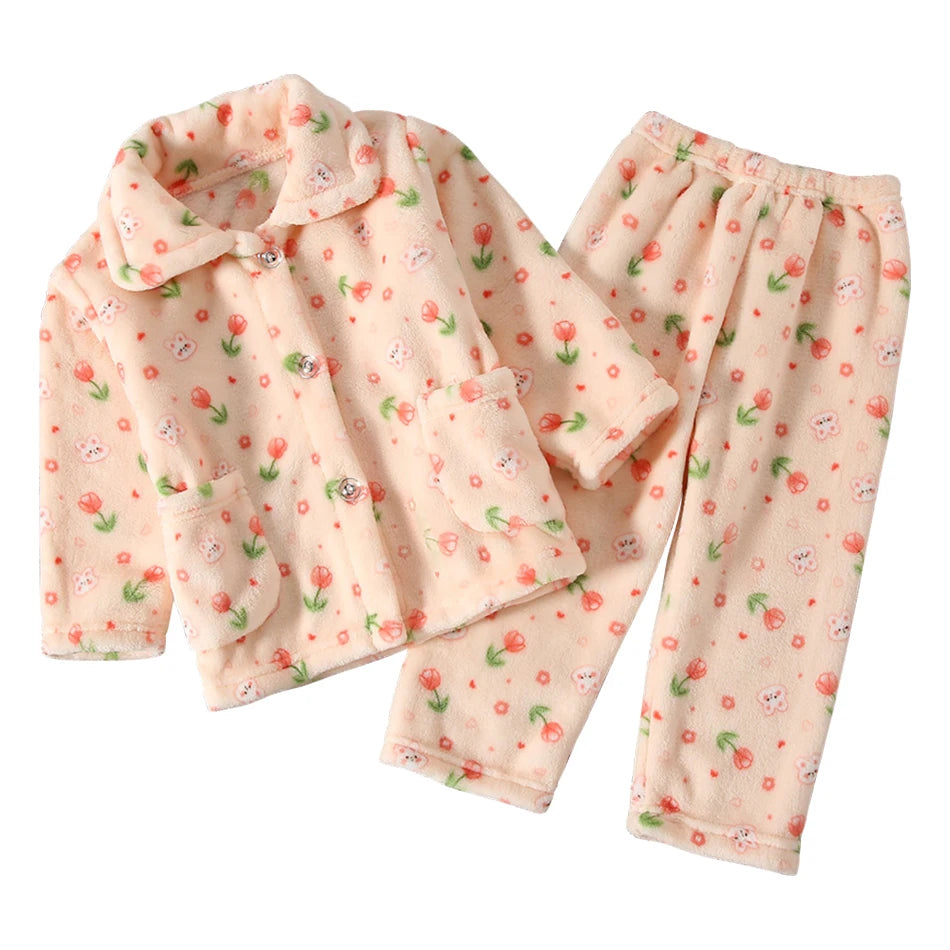 Cute Cartoon Pattern Coral Fleece Flannel Pajama Sets for Bo