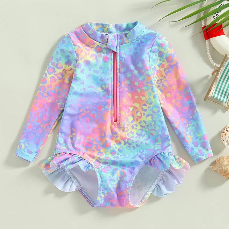 Baby Girl Fish Scale Print Swimsuit 1Piece Long Sleeve Swimw