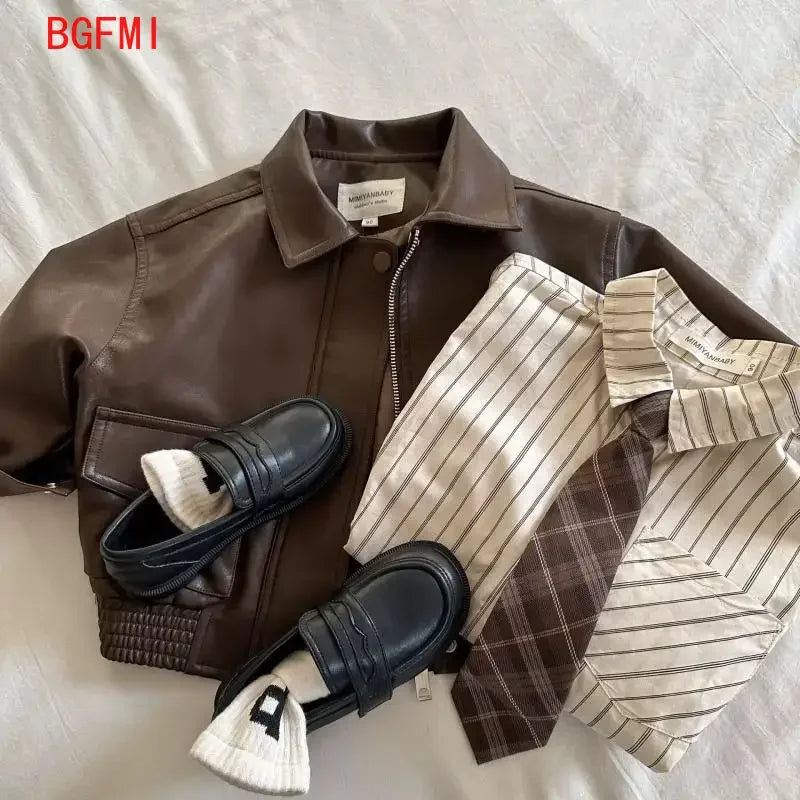 2-10Y Baby Boys Girls Zipper Jackets Brown PU Leather Lapel