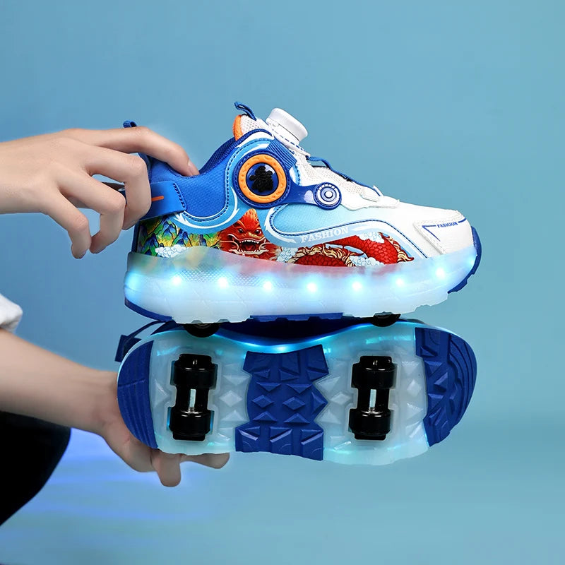 Children Four Wheels Luminous Glowing Sneakers Black Pink Le