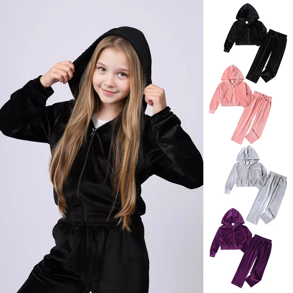 1-14Y Children Girls Velvet Tracksuits Kids Winter Autumn Th